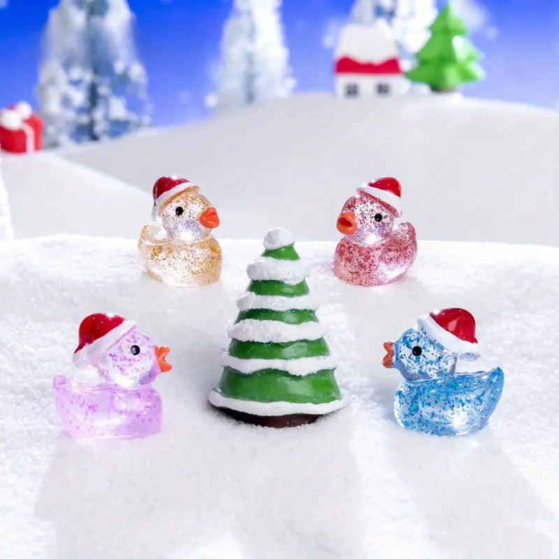 Mini Glitter Christmas Hat Duck Figurines, Transparent Resin Tiny Holiday Decorations