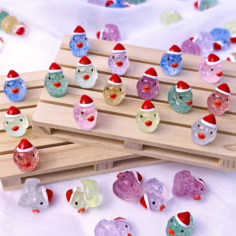 Mini Glitter Christmas Hat Duck Figurines, Transparent Resin Tiny Holiday Decorations