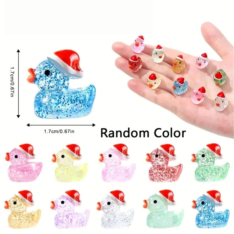 Mini Glitter Christmas Hat Duck Figurines, Transparent Resin Tiny Holiday Decorations