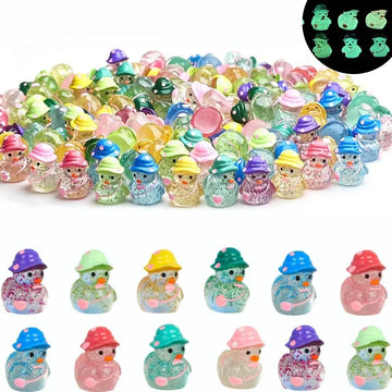 Cute Glow in The Dark Mini Duck Figurines, Resin Sparkle Miniature Duck with Hat for DIY Decoration