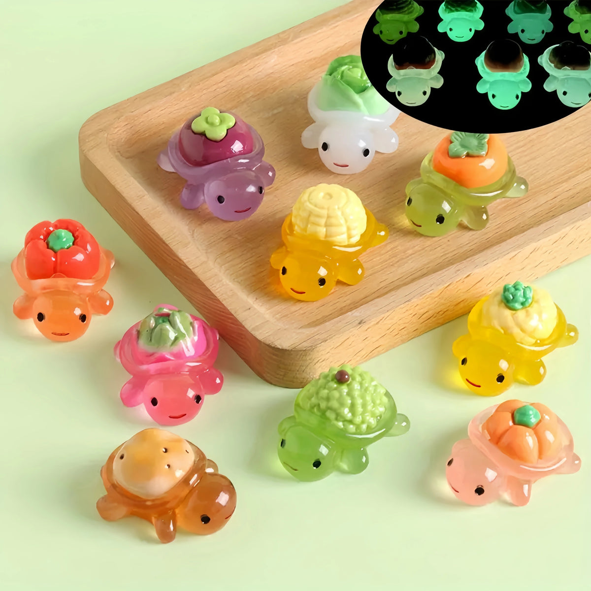Mini Luminous Vegetable Turtle Figurines, Glow in The Dark Cute Tiny Tortoise Resin Miniature