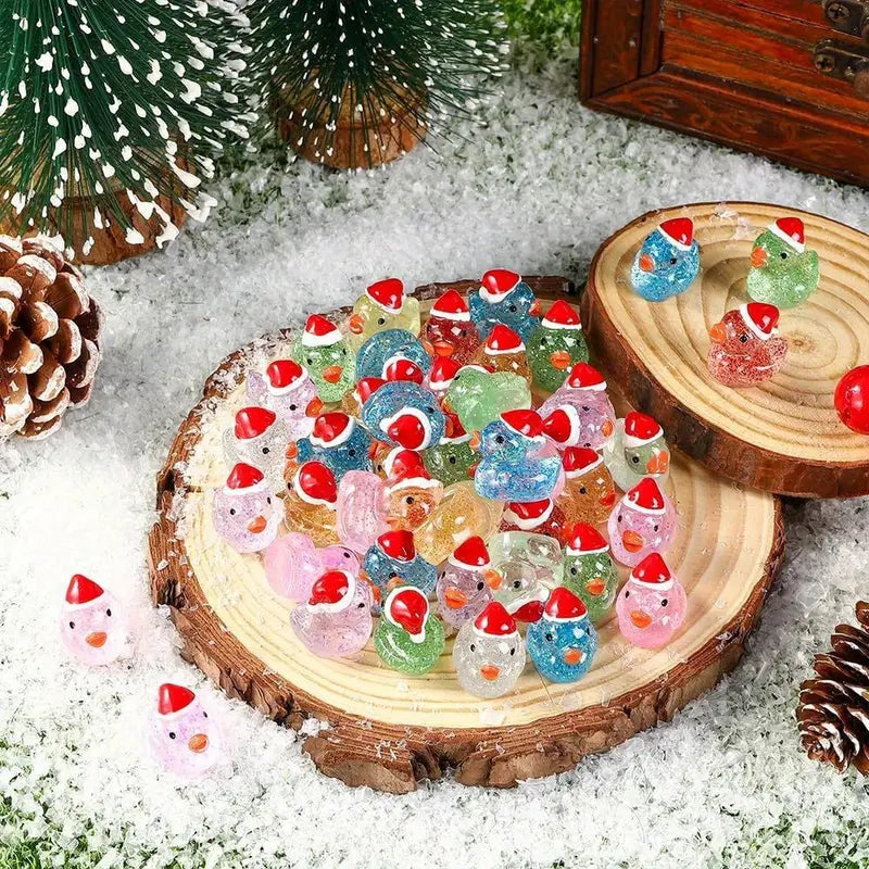 Mini Glitter Christmas Hat Duck Figurines, Transparent Resin Tiny Holiday Decorations