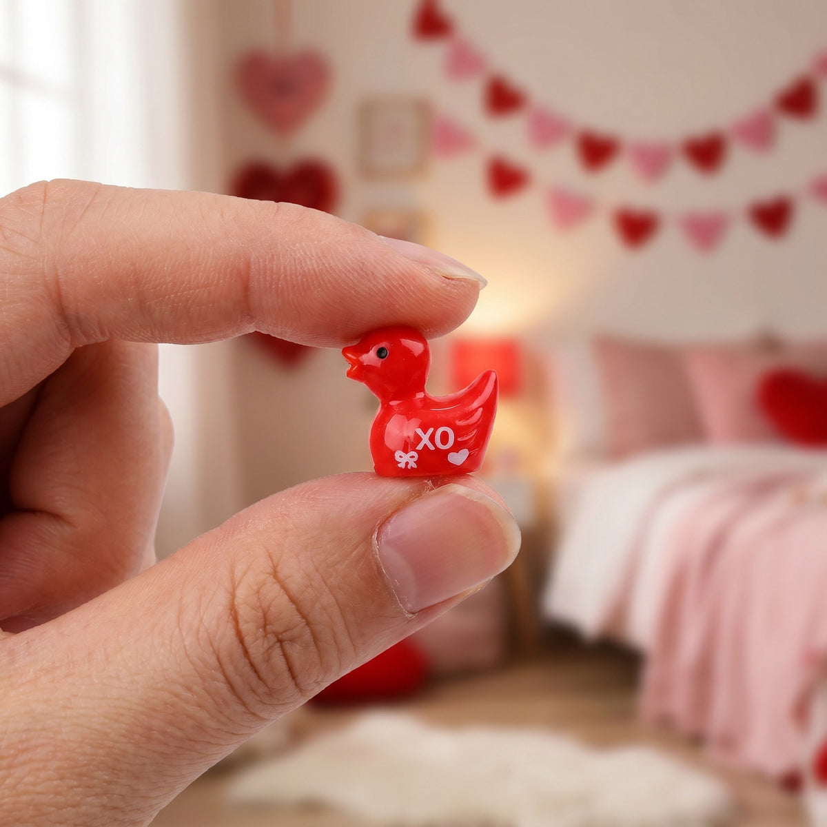 Valentine's Day Mini Painted Duck Figurines Cute Heart XO Resin Ornament