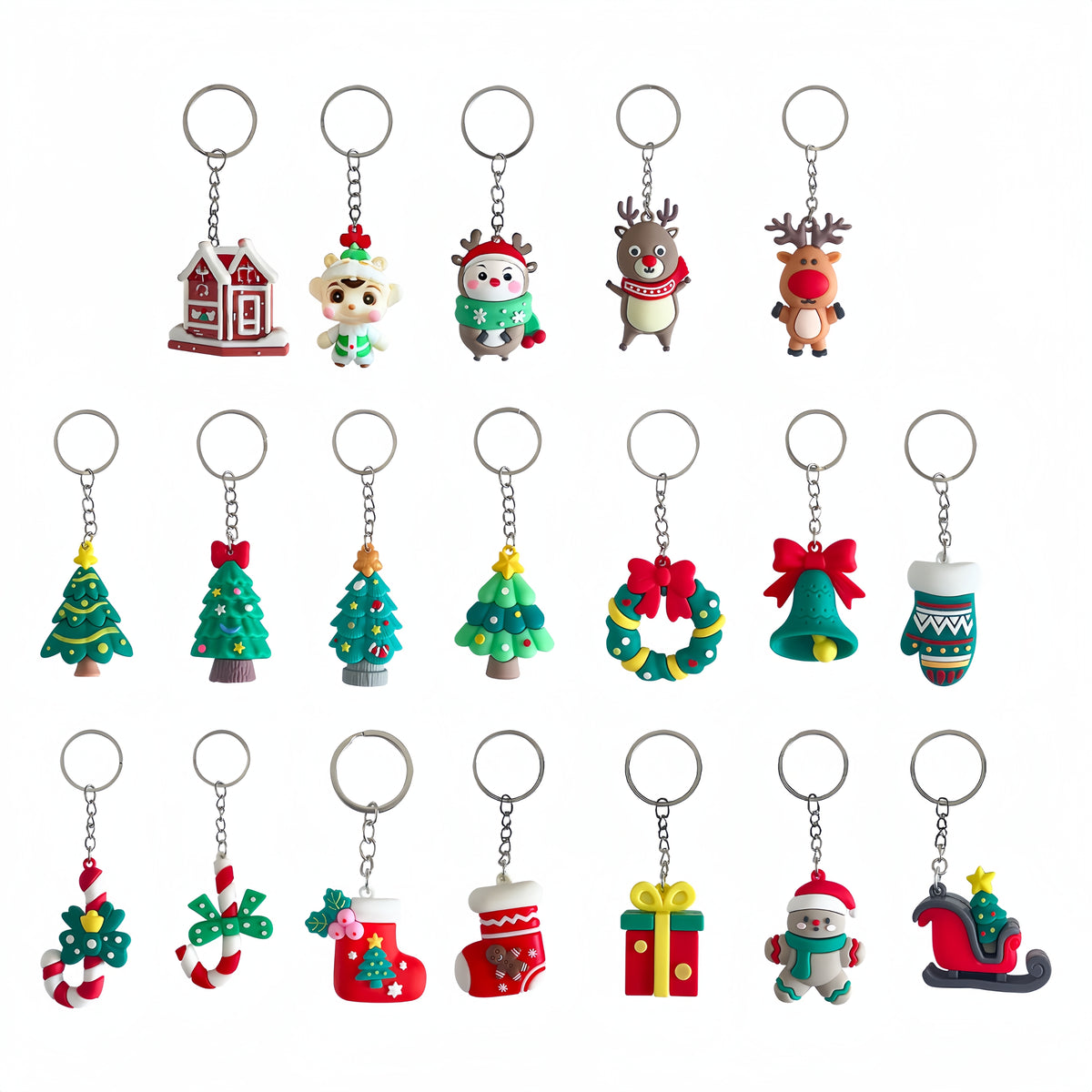 Assorted Cute Christmas 3D Soft PVC Keychains, Metal Hanging Ring Charms
