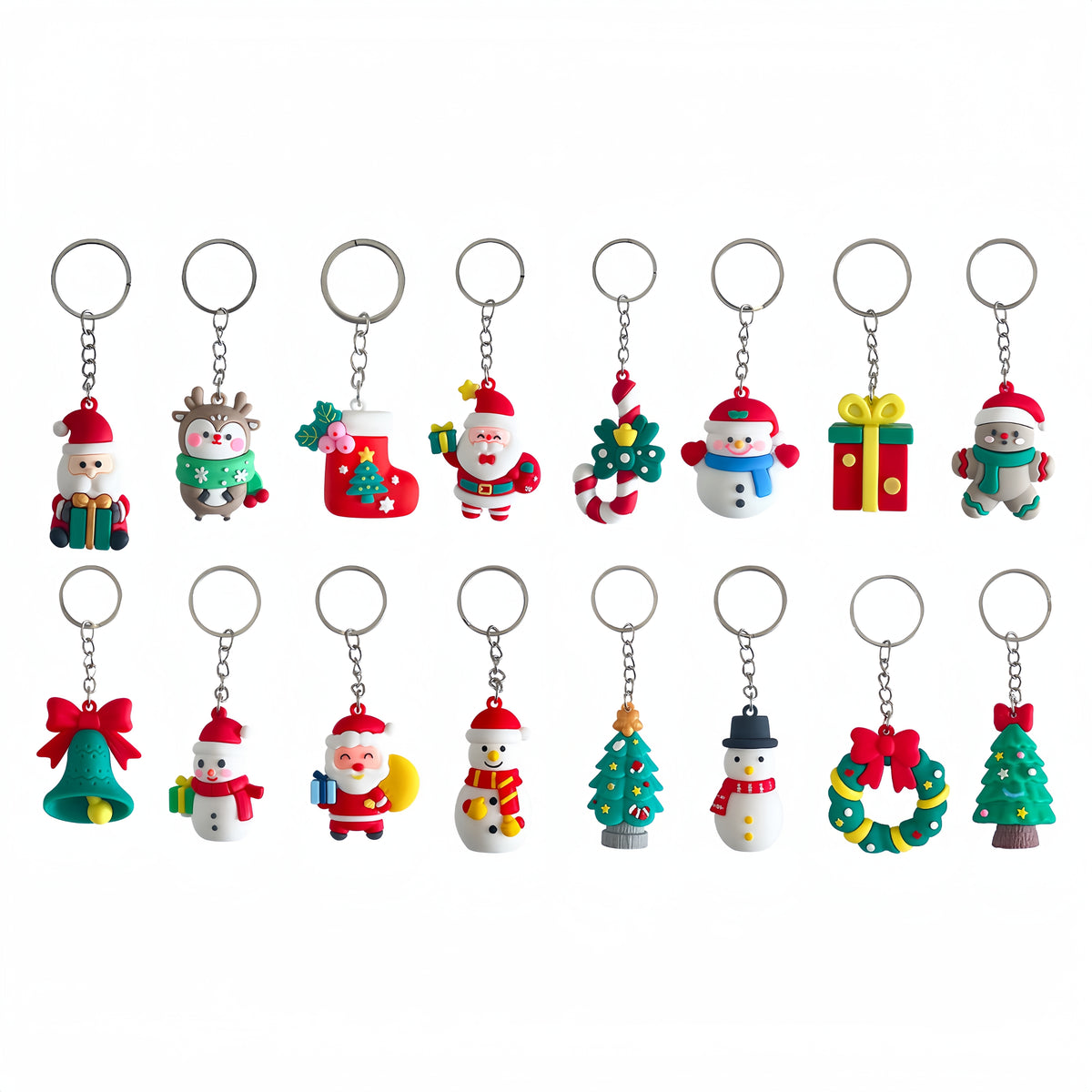 Assorted Cute Christmas 3D Soft PVC Keychains, Metal Hanging Ring Charms