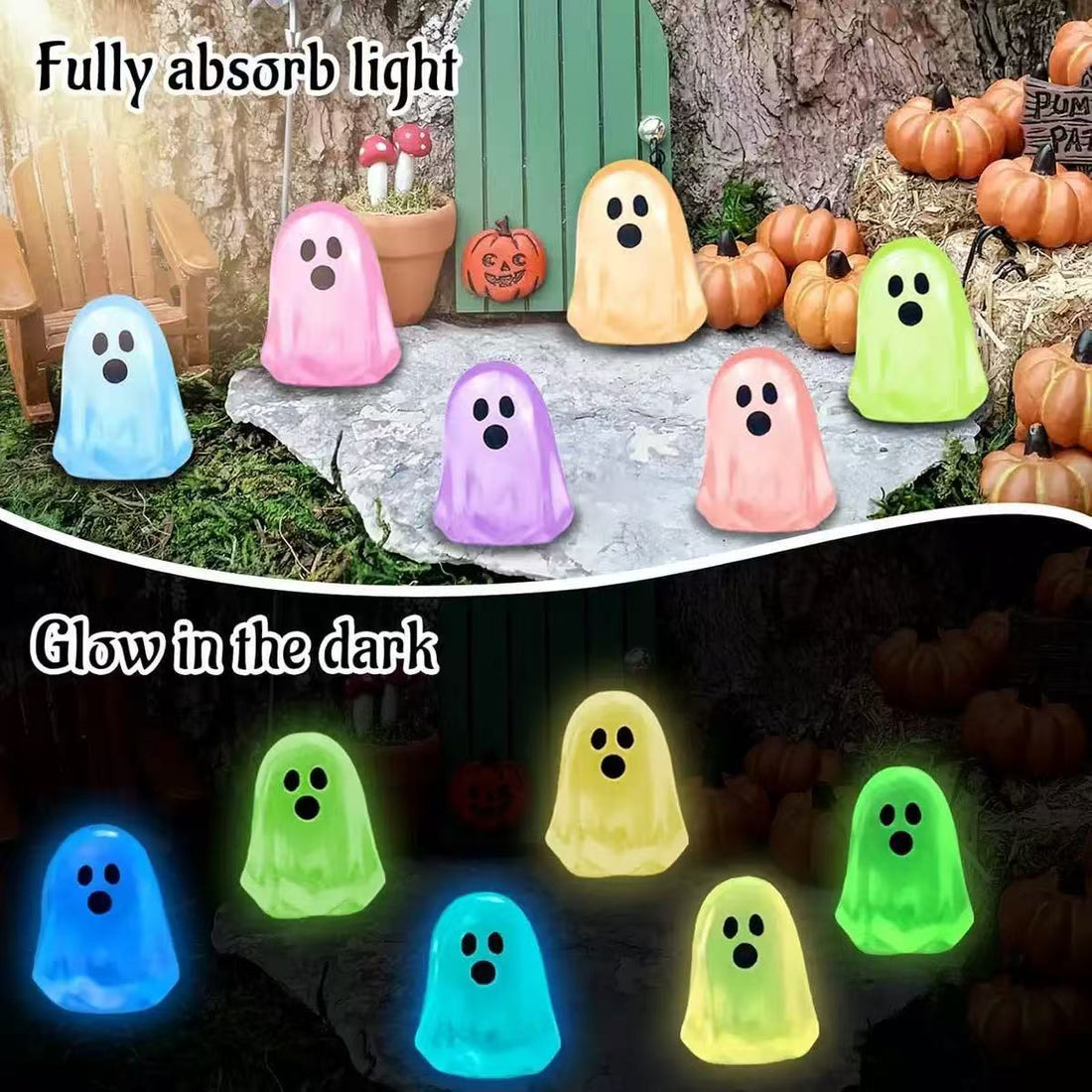 Halloween Luminous Mini Resin Ghost Figurines, Glow in The Dark Cute Cartoon Ghost Ornaments Multicolor Set for Halloween Party Desktop Decor Micro Landscape DIY