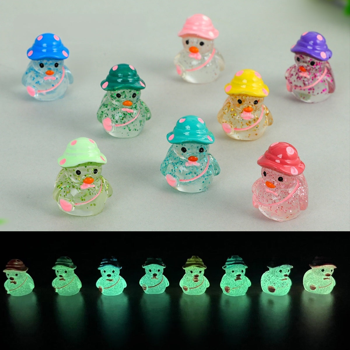 Cute Glow in The Dark Mini Duck Figurines, Resin Sparkle Miniature Duck with Hat for DIY Decoration