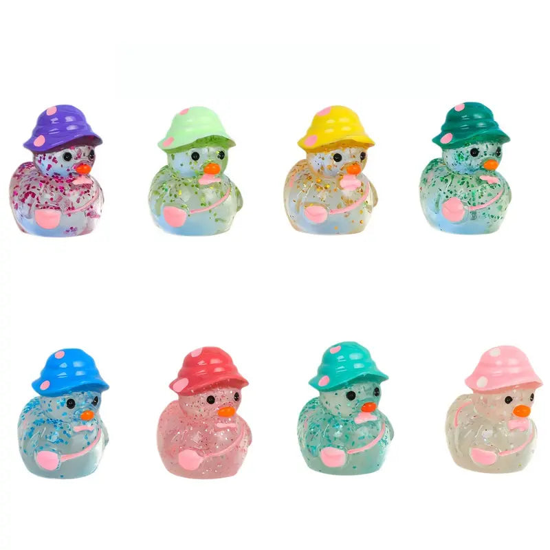 Cute Glow in The Dark Mini Duck Figurines, Resin Sparkle Miniature Duck with Hat for DIY Decoration