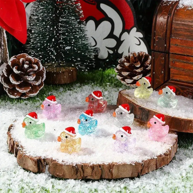 Mini Glitter Christmas Hat Duck Figurines, Transparent Resin Tiny Holiday Decorations